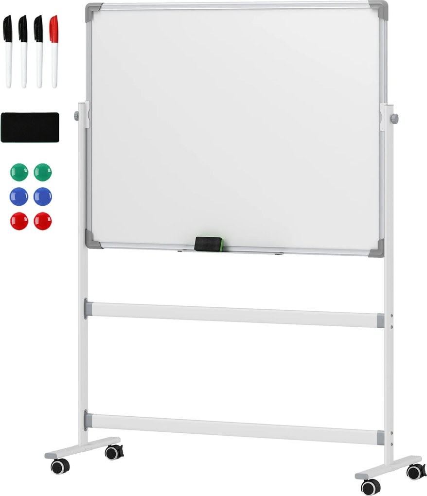 HOMCOM Kétoldalas Mágneses Tábla 120 x 90 cm Mágneses Tábla Tolltartóval és Alumínium Kerettel Forgó Mobil Mágnes Irodához, Otthon | Aosom