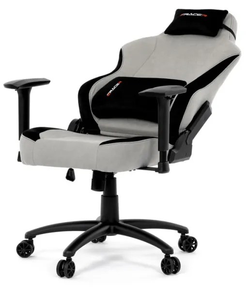 Scaun pivotant gamer, material argintiu, structură balansoar, poziționare spătar 90°-180°, cotiere 3D, perne din spumă cu memorie