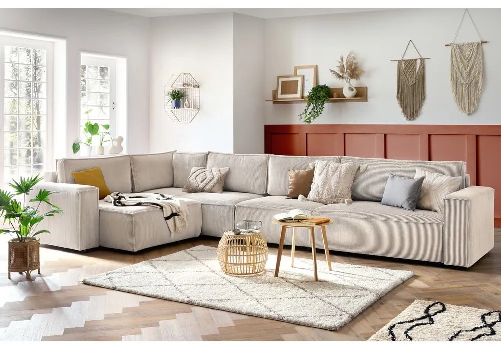 Krémszínű kordbársony sarokkanapé (bal oldali) Nihad modular – Bobochic Paris