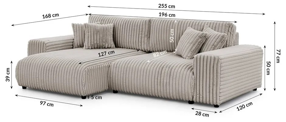 Világosszürke kordbársony kinyitható-tárolóhelyes sarokkanapé (bal oldali) Sarina – Ropez