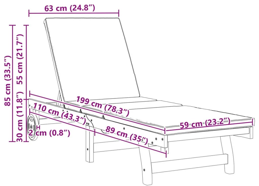 Napozó párnával 2 pcs Barna 63 x 199 x 85cm Tömör akácfa
