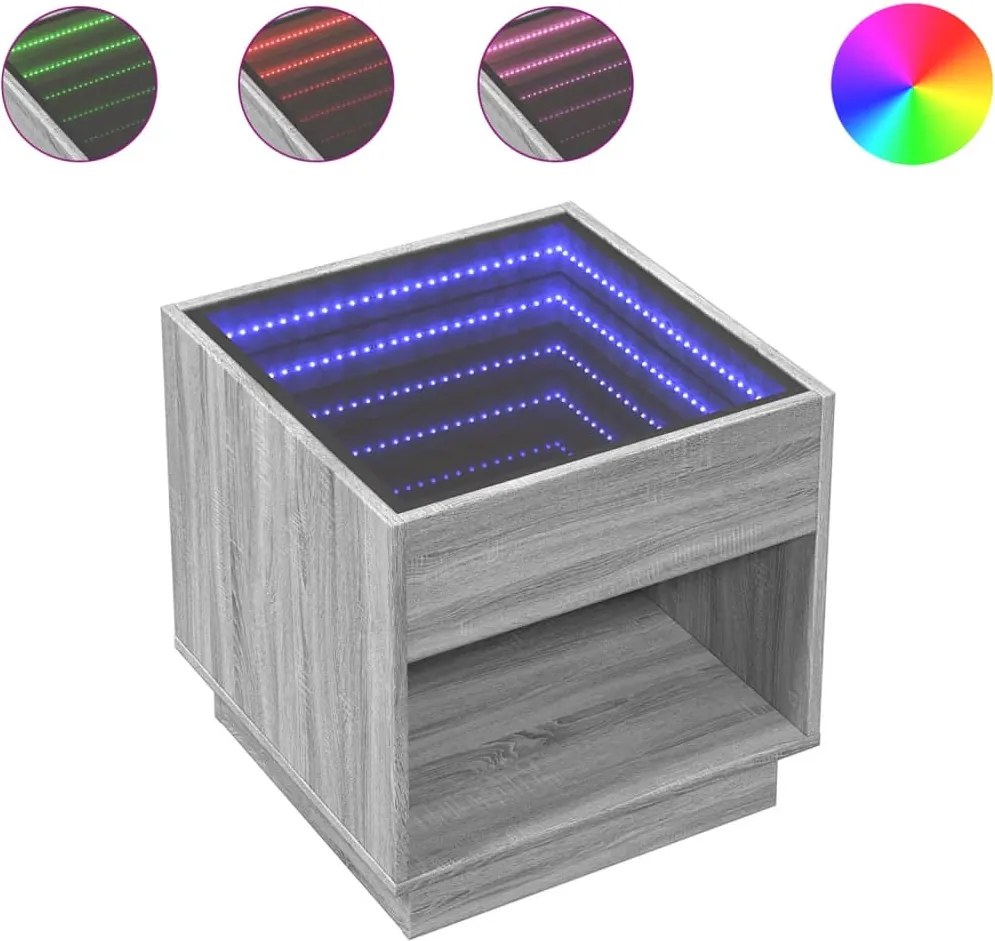 vidaXL szürke sonoma végtelen hatású LED-es éjjeliszekrény 50x50x50 cm