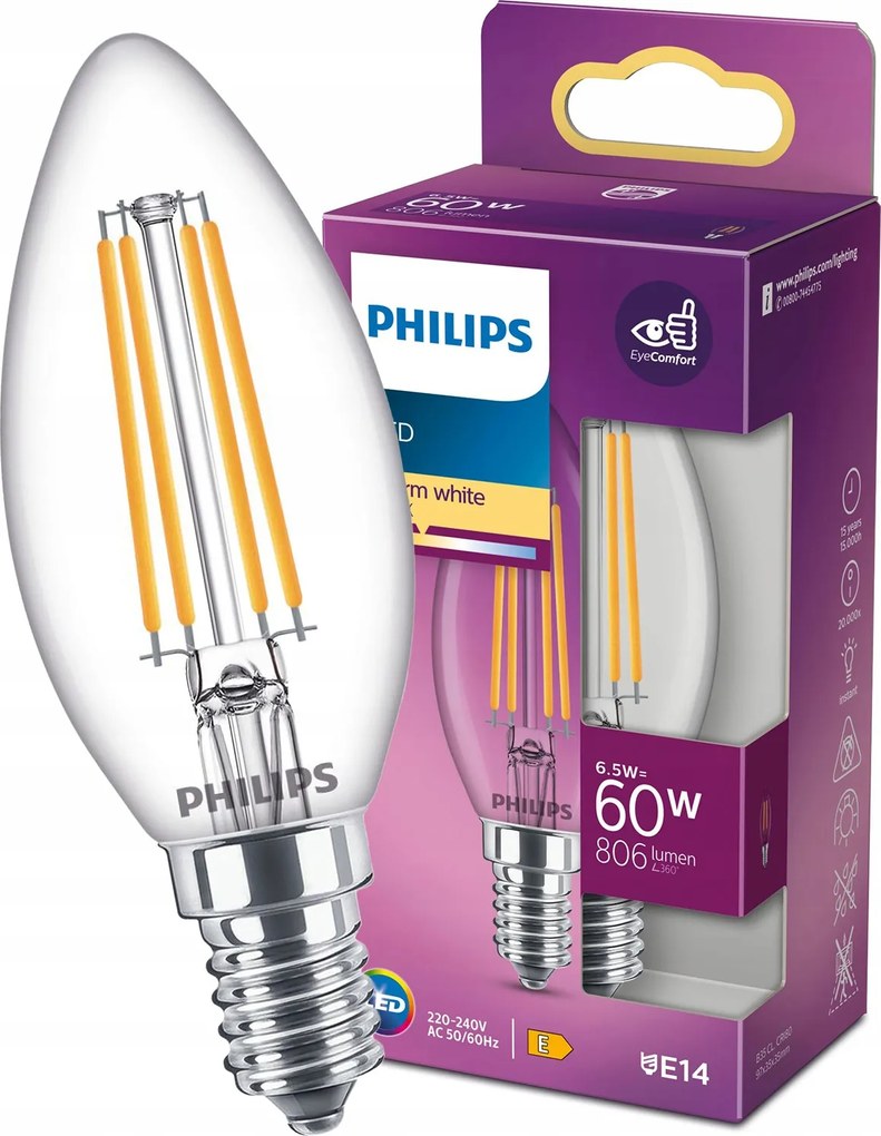 Led izzó Gyertya E14 B35 6.5W 60W 806lm 2700K Meleg Filament Philips