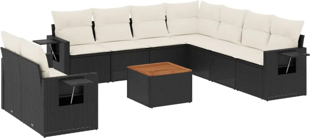 vidaXL 10 részes fekete polyrattan kerti ülőgarnitúra párnákkal
