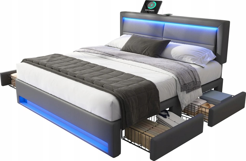 Kárpitozott ágy, franciaágy 140x190cm Usb Led 4 fiókos Pu szürke