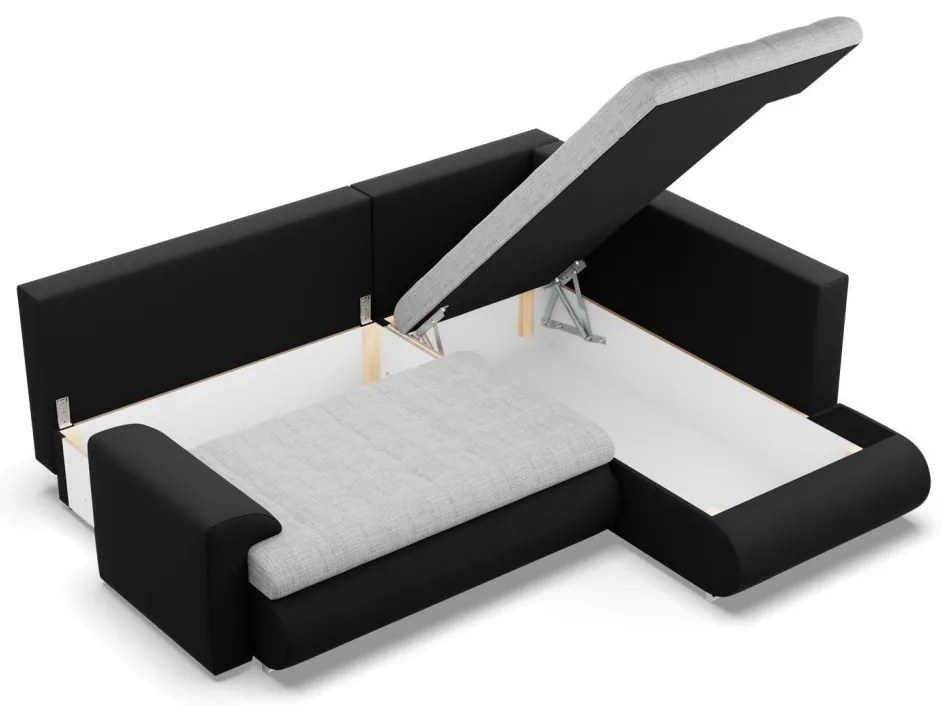 Tokio sarokkanapé, L alakú háttámlával, 2 ágyneműtartóval, fonott + műbőr, jobboldali, szürke - fekete