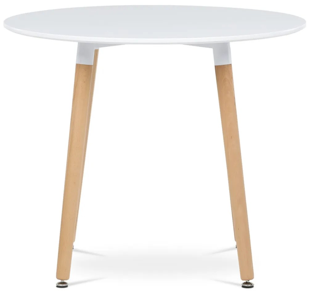 Masă de sufragerie Young in stil scandinav. Masă de sufragerie, 90x90x74 cm, MDF - lac mat alb, cadru metalic, picioare din lemn