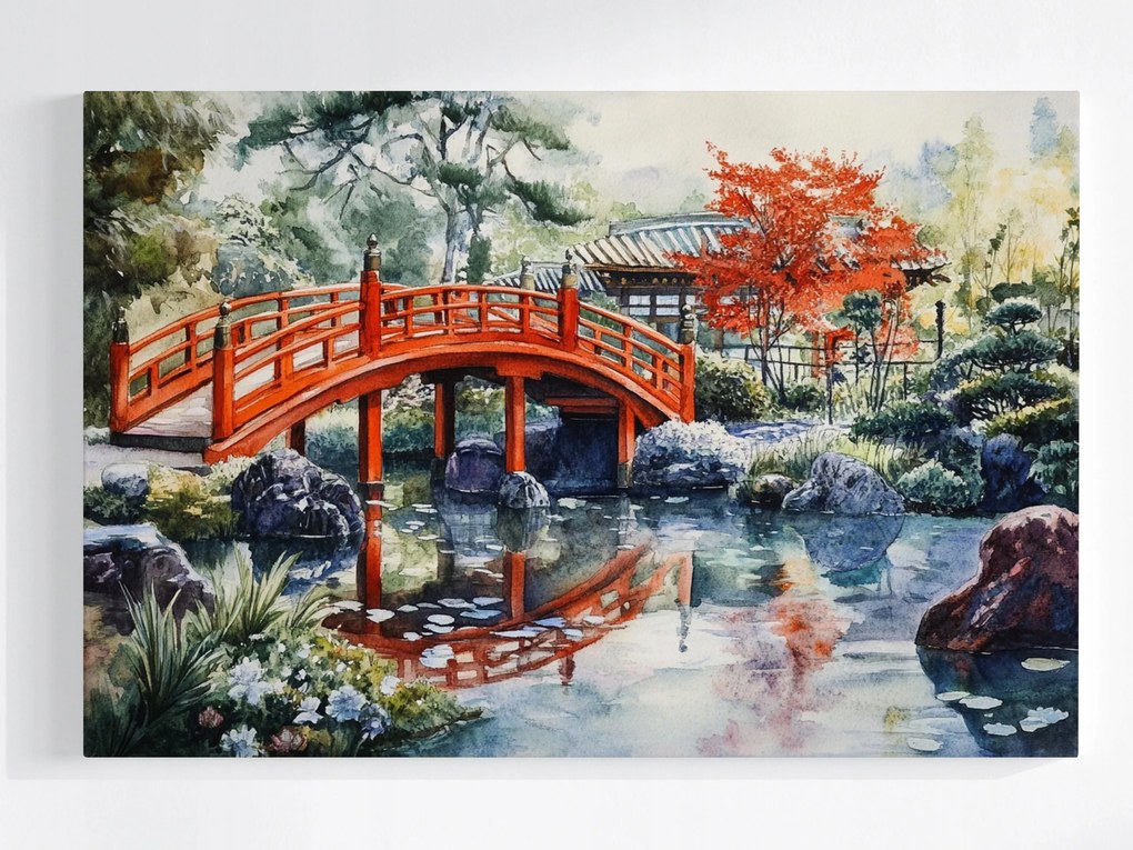 Vászonkép Canvas Japán Kert Híd Tó Akvarell 120x80