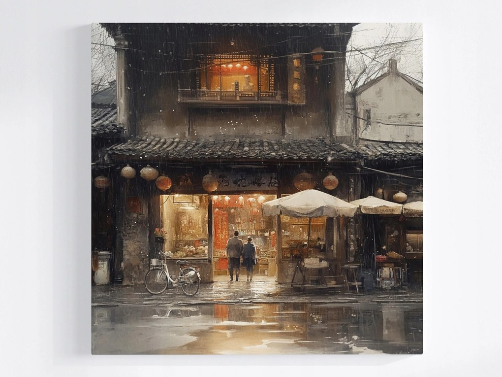Vászonkép Canvas Tájkép Város Ázsia Kína Utca Bolt Eső 40x40