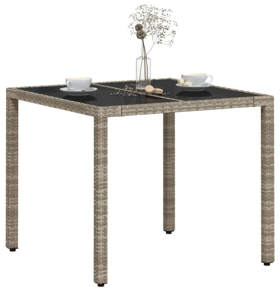 világosszürke polyrattan üveglapos kerti asztal 90 x 90 x 75 cm