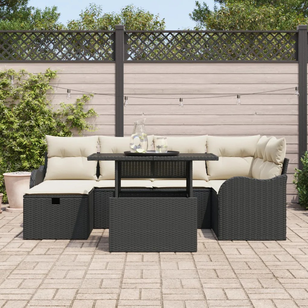 7 Darabos Kerti Sofaszett Párnákkal Fekete Poli Rattan, 2 Személyes Kerti Sofa Tárolóval és Párnákkal Fekete Poli Rattan