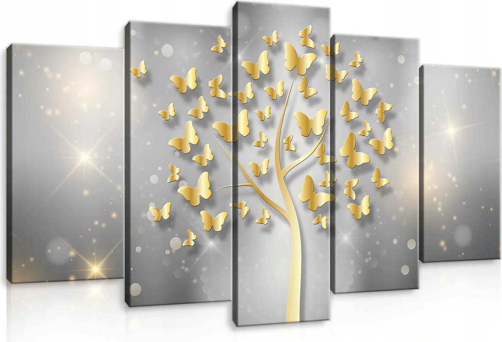 Vászonkép 100x60 moduláris életfa arany pillangók absztrakt fali dekoráció