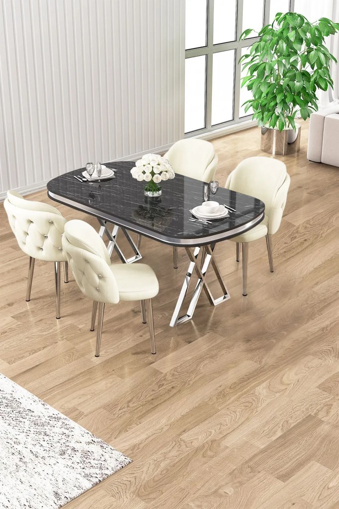 Zae étkezőgarnitúra, fekete márvány-króm, 168 cm – TR240CHR3082