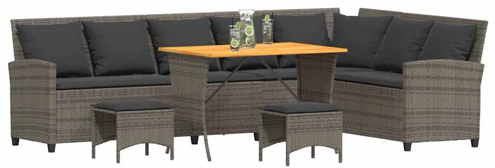 4 részes szürke polyrattan kerti ülőgarnitúra párnákkal L-alakú