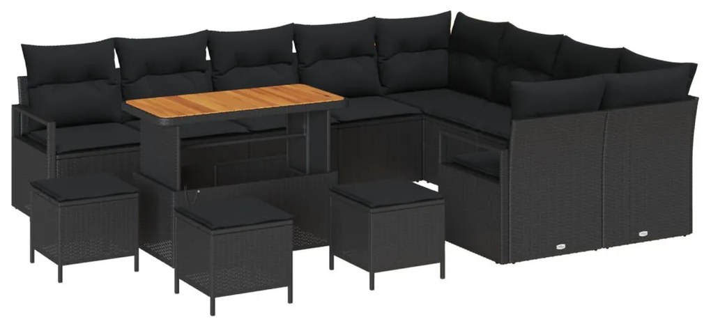 12 darabos kerti kanapé szett párnákkal Fekete Poly Rattan Akác, 3 darabos kerti étkező szett párnákkal Fekete Poly Rattan Akác, 2 személyes kerti kanapé párnákkal Fekete Poly Rattan