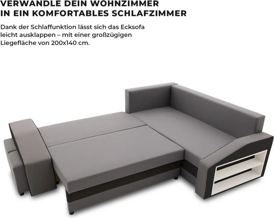 Grande sarokkanapé polcokkal és puffokkal , polc a jobb karfaban puffok a bal karfaban, jobboldali, szövet anyag, hab töltet, szürke - fekete