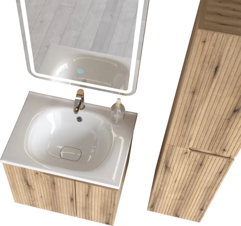 Piramida EURIDIKA fali fürdőszobabútor - műmárvány mosdóval -2 ajtós - PINO TÖLGY - 65 x 48 x 53 cm