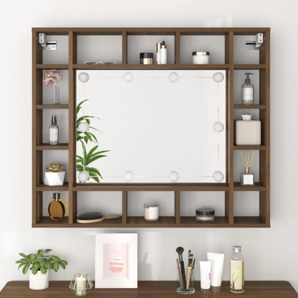 barna tölgy színű tükrös szekrény LED-ekkel 91 x 15 x 76,5 cm