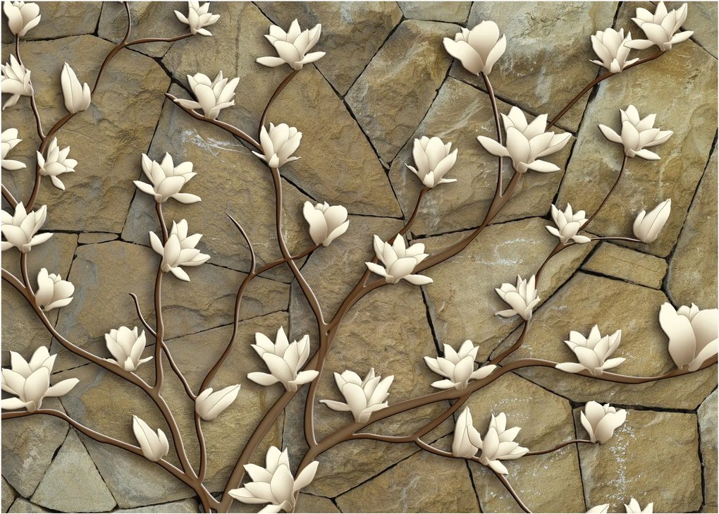 Kép - Fehér magnóliák kőfalazaton (üvegen) (70x50 cm)