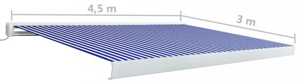 kék és fehér motorizált kazettás napellenző 450 x 300 cm