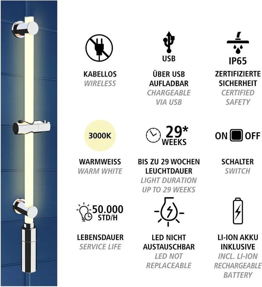 Ezüstszínű fali zuhanytartó 74 cm LED – Wenko
