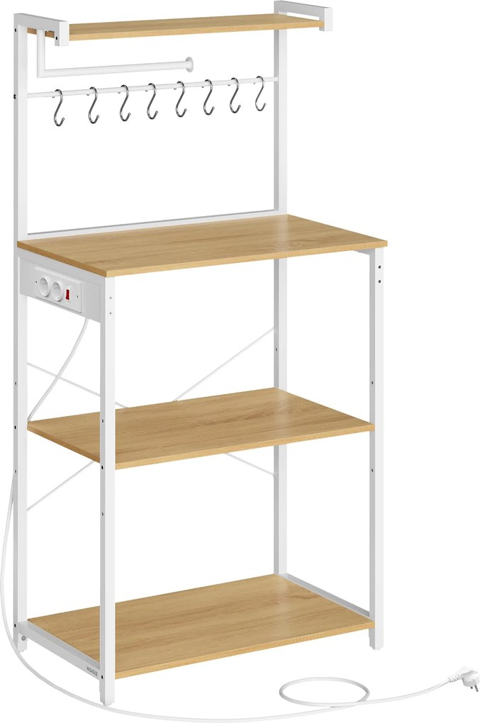 Szabadon álló 4 szintes konyhai polc konnektorokkal, arany tölgy-matt fehér