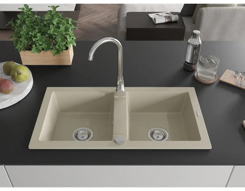 Mexen Mario, 2 kamrás gránit mosogató 820x436x161 mm és Telma króm mosogató csaptelep, bézs, 6504-69-670200-00