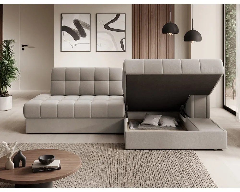 Bézs bársony kinyitható sarokkanapé (jobb oldali-heverő résszel) Blezalt – ELTAP