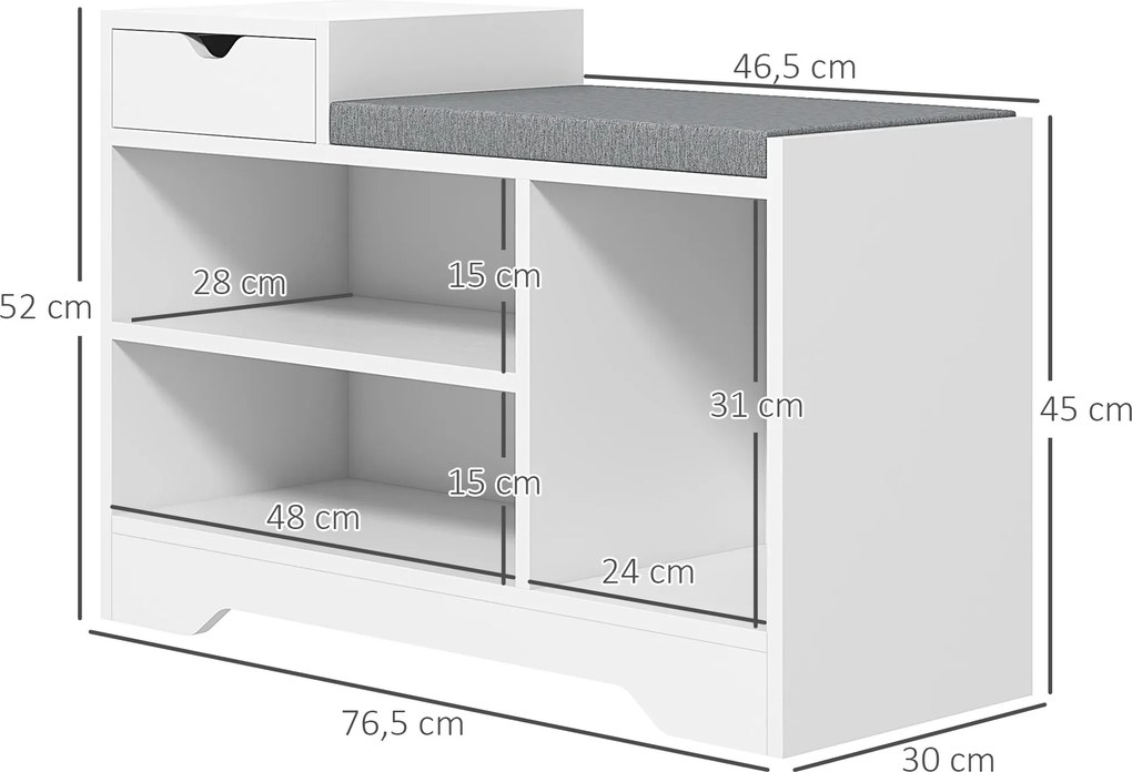 HOMCOM Cipőpad, Tárolópad, 1 Fiók és 3 Rekesz, Előszobai Bútor Párnázott Üléssel, 76,5 x 30 x 52 cm, Fehér | Aosom