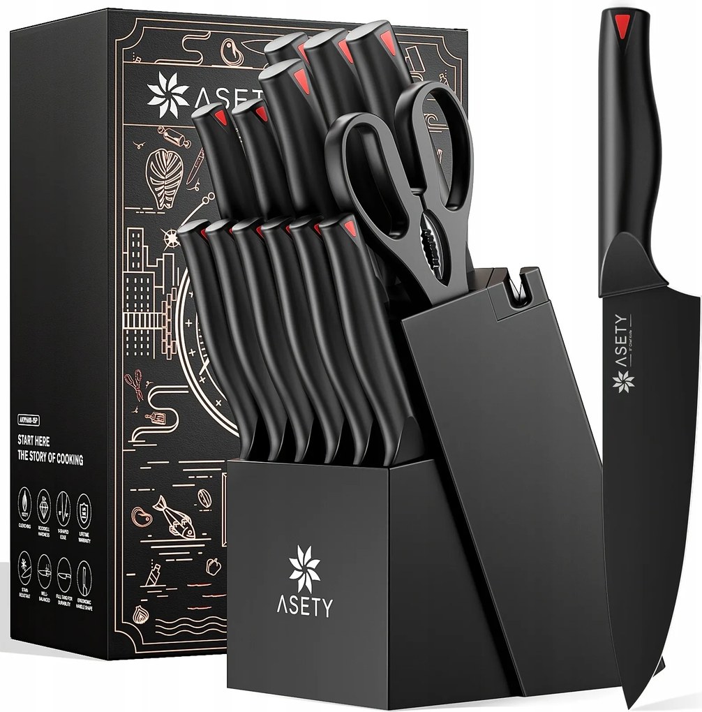 Asety késkészlet, 15 db-os konyhai késkészlet