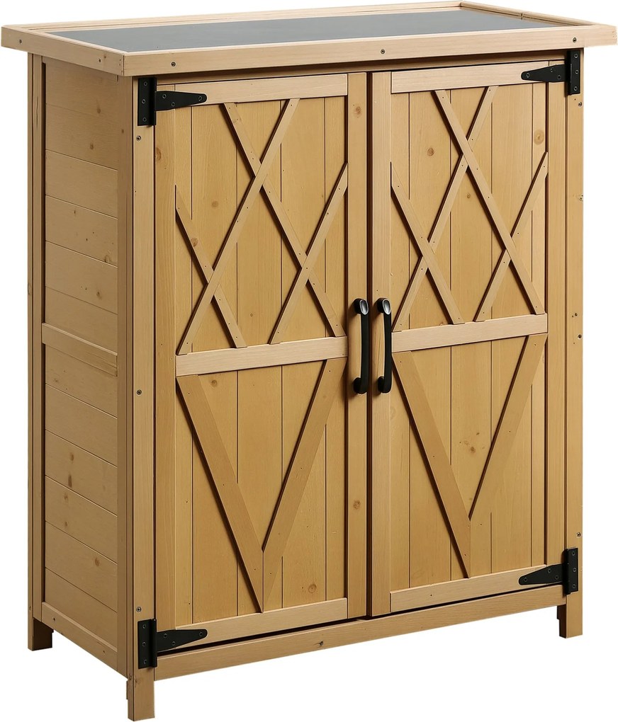 Outsunny Kültéri Fa Tároló Szekrény 0,24 m² 75x40x90 cm Kertiszerszám Tároló 2 Ajtóval, 4 Polccal és Horganyzott Tetővel | Aosom