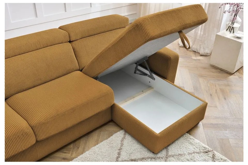 Mustársárga kordbársony kinyitható sarokkanapé (variálható) Monaco – Bobochic Paris