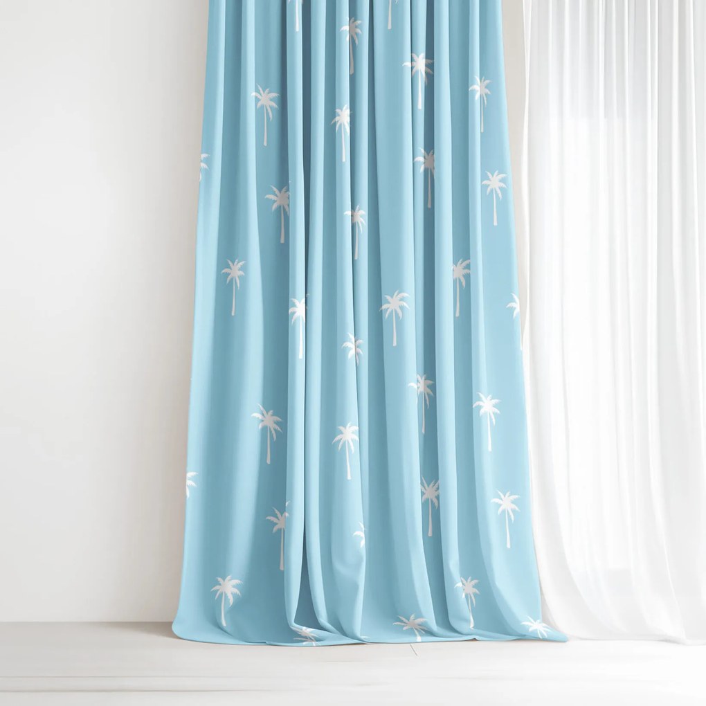 Goldea pamut drapéria - pálmák pasztell kék alapon 240x150 cm