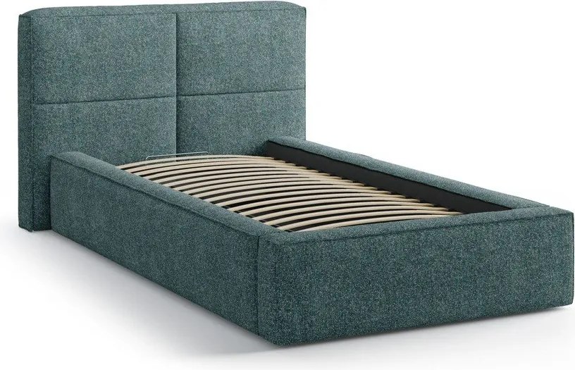 Türkiz kárpitozott ágyneműtartós egyszemélyes ágy ágyráccsal 90x200 cm Darren – Micadoni