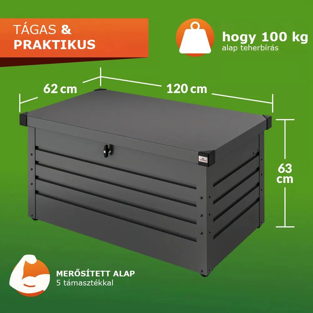 METALBOX fém tárolódoboz, 385L, 120×62×63cm, antracit Gardebruk