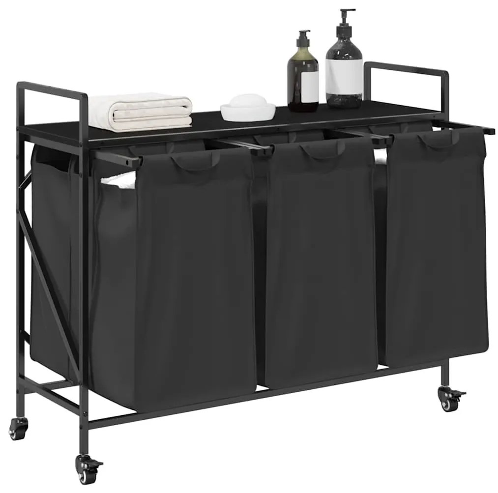 fekete tölgyfa mosodai kosár 3 rekeszes kerekekkel