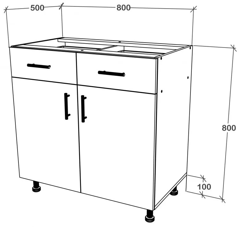 Benita 2 fiókos 2 ajtós Alsó konyhaszekrény Bronz Tölgy-Fehér 80x50x80 cm N