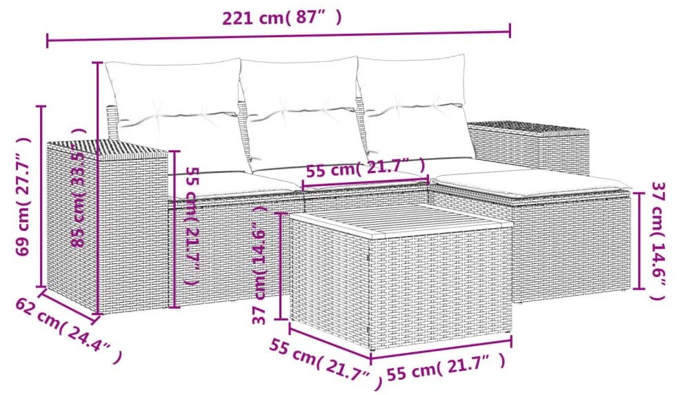 5 részes szürke polyrattan kerti ülőgarnitúra párnákkal