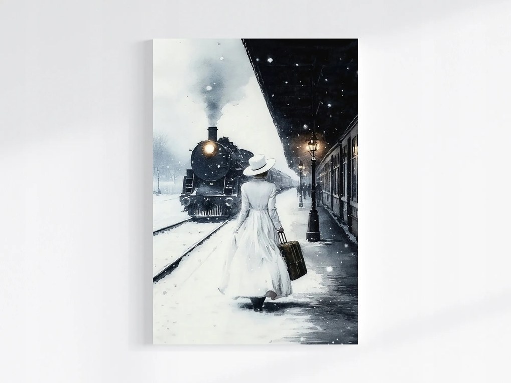 Vászonkép Canvas Akvarell Utazás Vonat Gőzmozdony Nő Tél 80x120