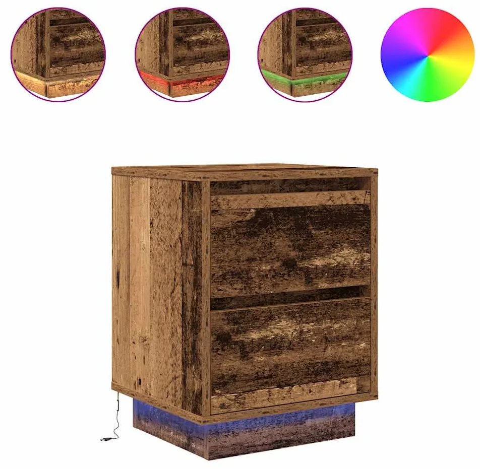 2 db antik fa éjjeliszekrények LED világítással 38x34x50 cm