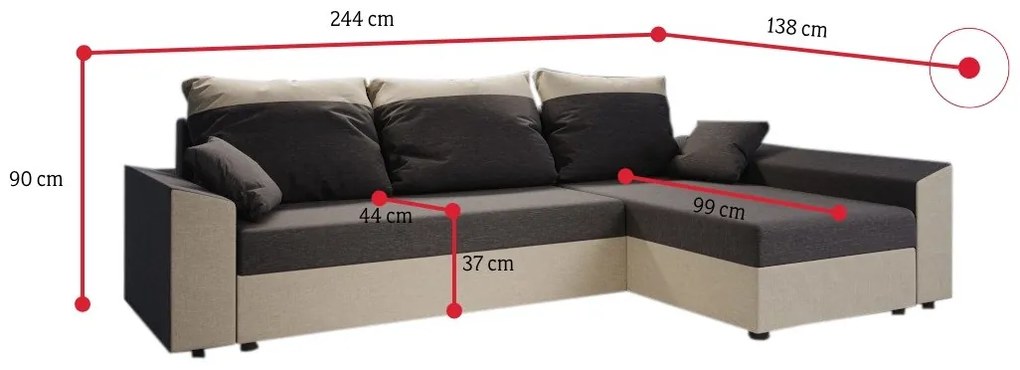 PAMELA ágyázható sarok ülőgarnitúra, 244x90x138, rainbow 15/rainbow 31