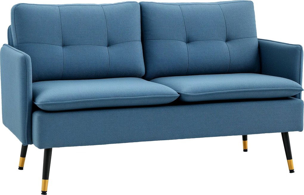 HOMCOM 2-üléses kanapé vászon kárpitozással, párnákkal, karfákkal és acél lábakkal, hálószobába vagy irodába, 240 kg-ig, 139x68x80 cm, Kék | Aosom