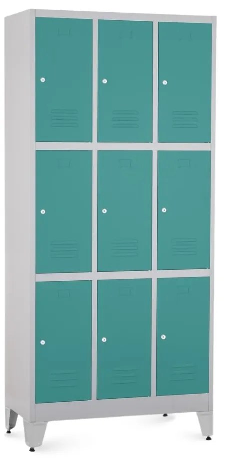 Fém szekrény - 9 doboz, 90 x 45 x 196,5 cm, helyreigazítással, hengerzár, zöld - ral 6033