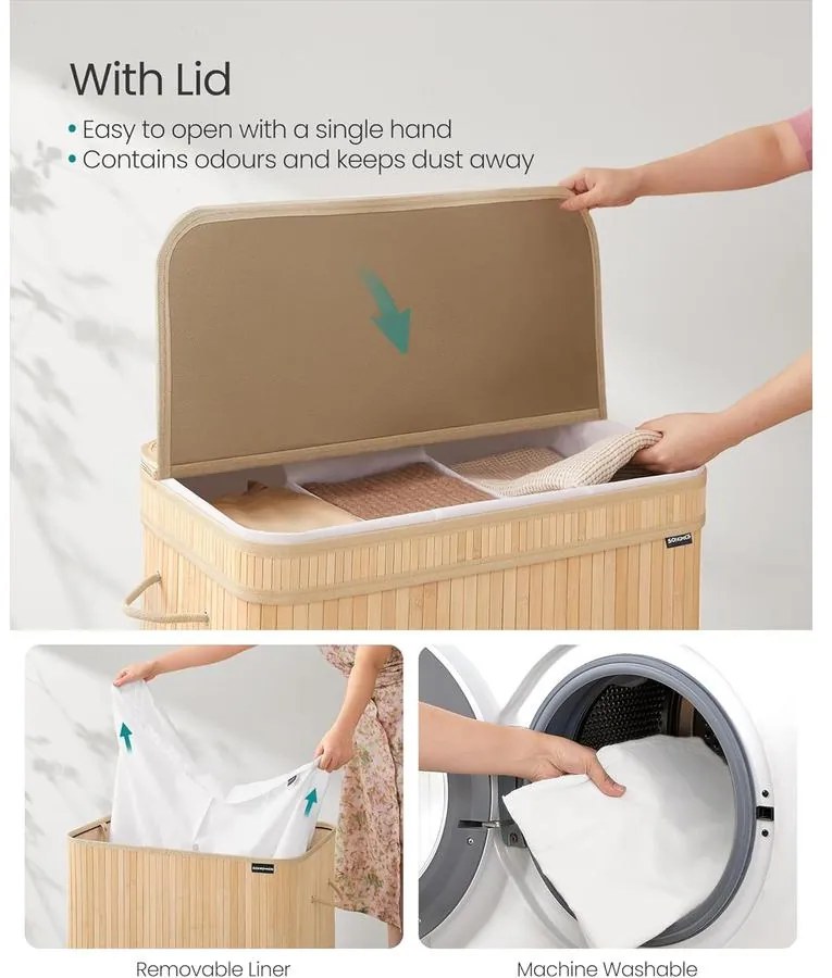 Fedeles szennyeskosár, bambusz ruháskosár 150 L, természetes bézs színben