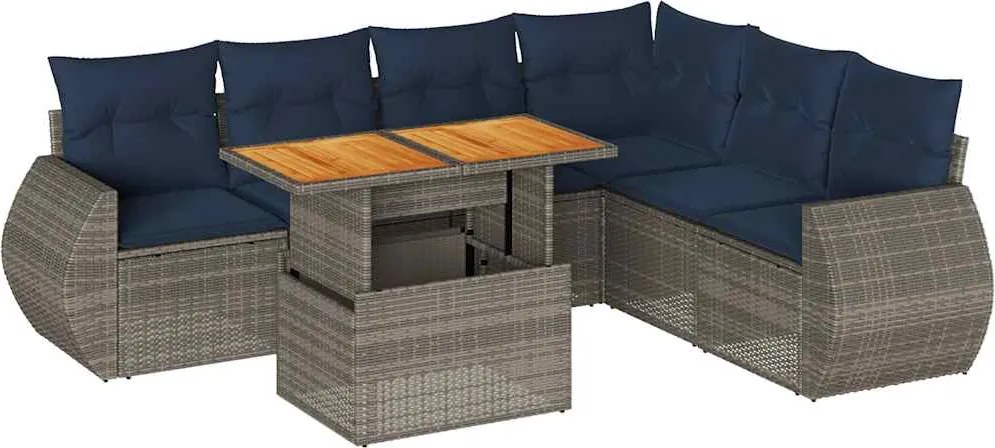 vidaXL 7 részes szürke polyrattan kerti ülőgarnitúra párnákkal