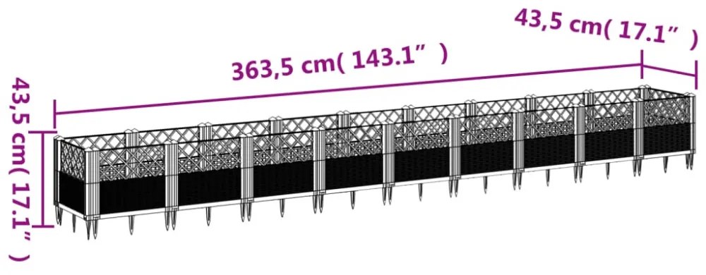 szürke PP kerti virágláda cövekekkel 363,5 x 43,5 x 43,5 cm
