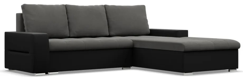 Toronto sarokkanapé, 2 ágyneműtartóval, bársony + műbőr, jobboldali, szürke - fekete