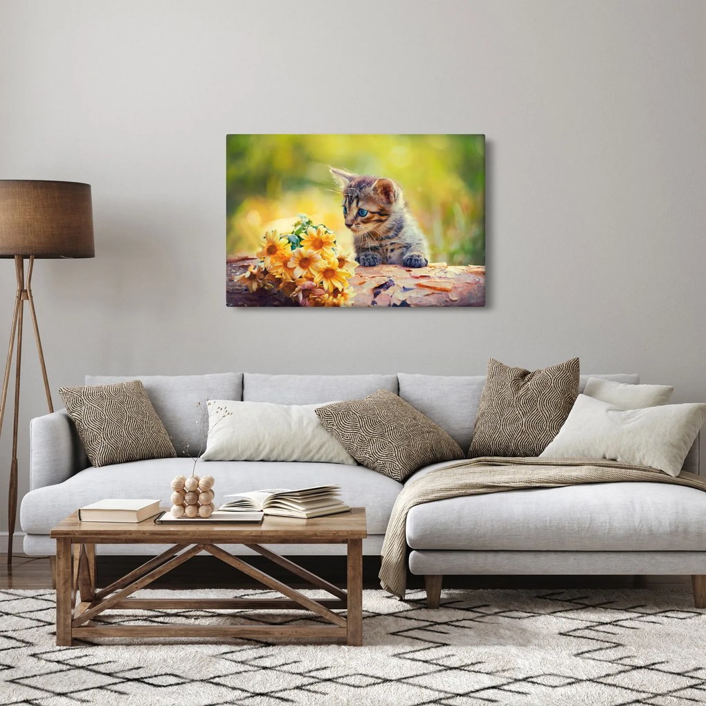 Macska képe ahogy a virágot nézi (90x60 cm)