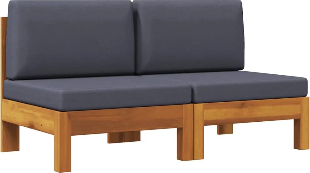 vidaXL 2 db tömör akácfa középső kanapé sötétszürke párnákkal