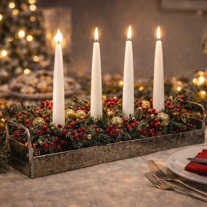 Fém gyertyatartó 4 kúpos gyertyához, téglalapalakú, ezüst